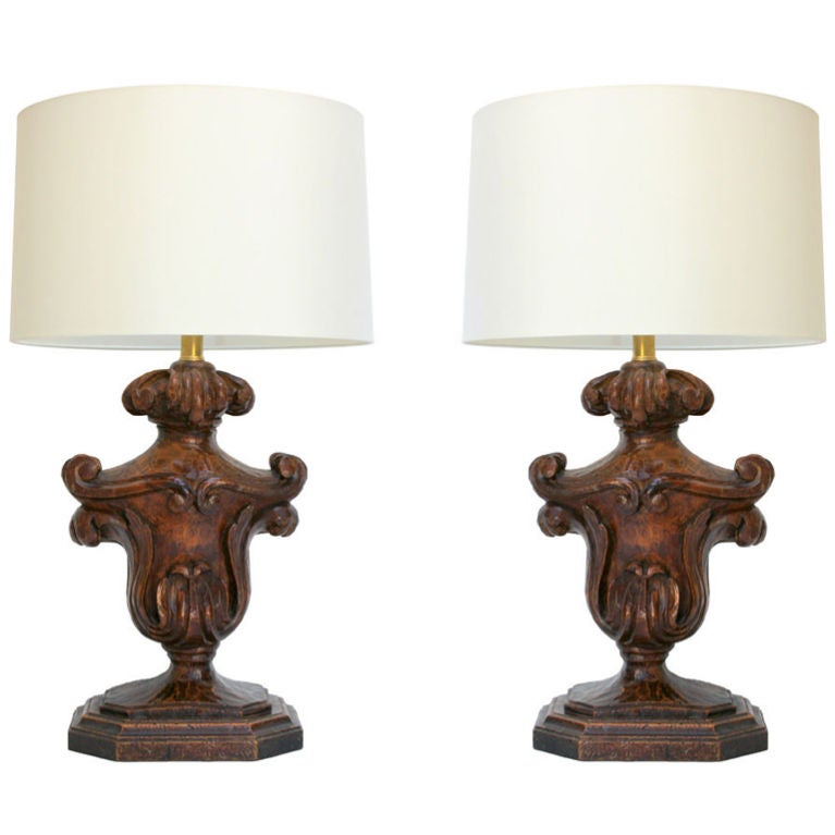 Pair of Carved Wood Lamps For Sale