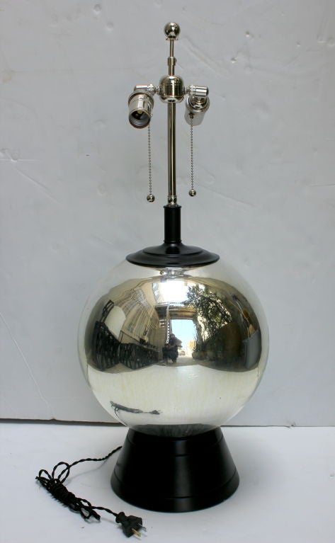 Mercury Glass Lamp.<br />
Rewired, double cluster, silk cord.<br />
Lampshade - $375.