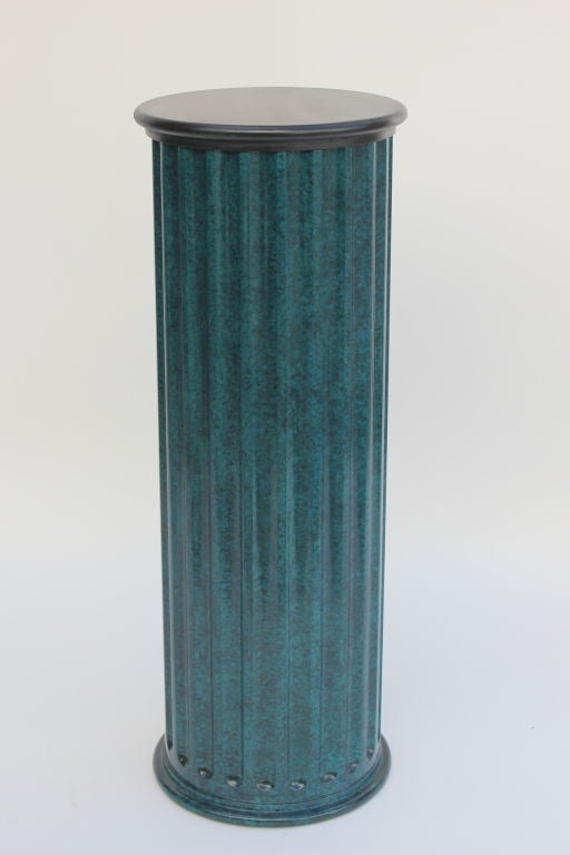 Lacquered Wood Column Pedestal in Marble Finish. Cap is Ebony Brown wood.