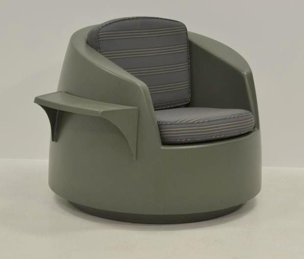 Fiberglass Tub Chair with Arm/Shelf.   New Gray Finish and Striped Awning Cushions.