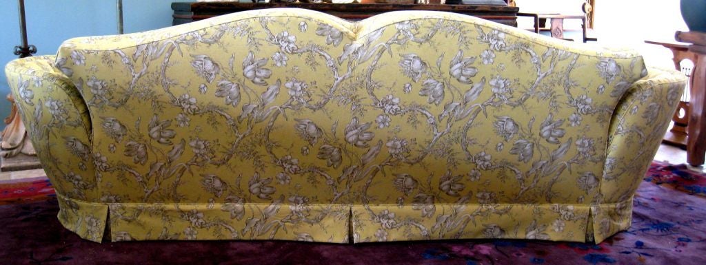 1930s Linen Toile Sofa with Tufted Splayed Arms. Moustache Back. Down Wrap Loose Seat Cushions. Newly Upholstered.