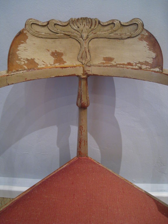 Original Painted Wood Corner Chair with Art Nouveau Carving. New Claremont Upholstery. Great Dressing Room Chair