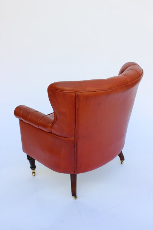 Wood Pair of Leather Club Chairs on Casters