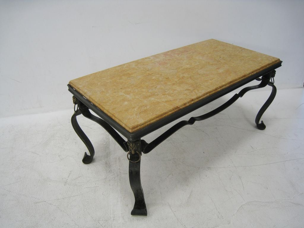 French Hand-Forged Iron and Yellow Sienna Marble Cocktail Table For Sale 1