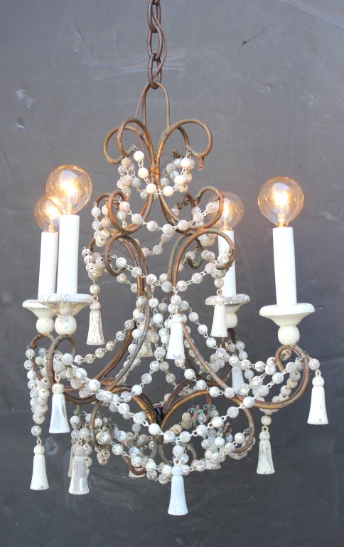 Petite Brass and Wooden Bead and Tassel Chandelier , Rewired