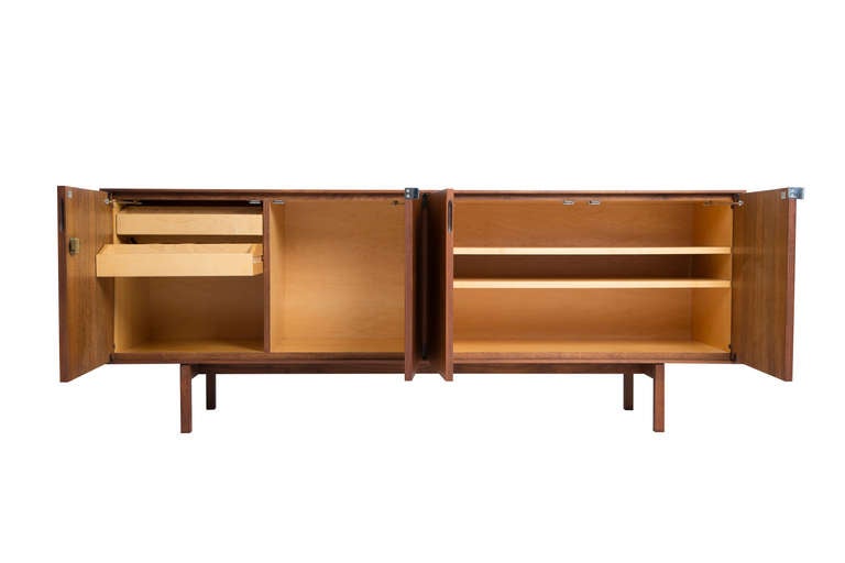 Florence Knoll cabinet, model 541. Knoll Associates USA, 1952. Walnut, chrome-plated brass.

Measure: 75.5 W x 18.5 D x 29.75 H inches.

Literature: Knoll Furniture: 1938-1960, Rouland and Rouland, pg. 133, similar form.