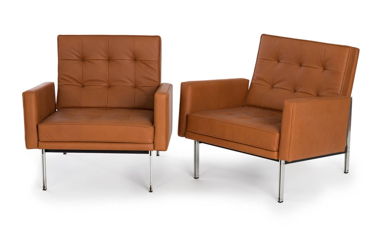 Florence Knoll.

Parallel bar lounge chairs (matching pair, original set),

Knoll,
USA, circa 1955.
Steel, leather.
Measures: 28 W x 30 D x 30.25 H inches.