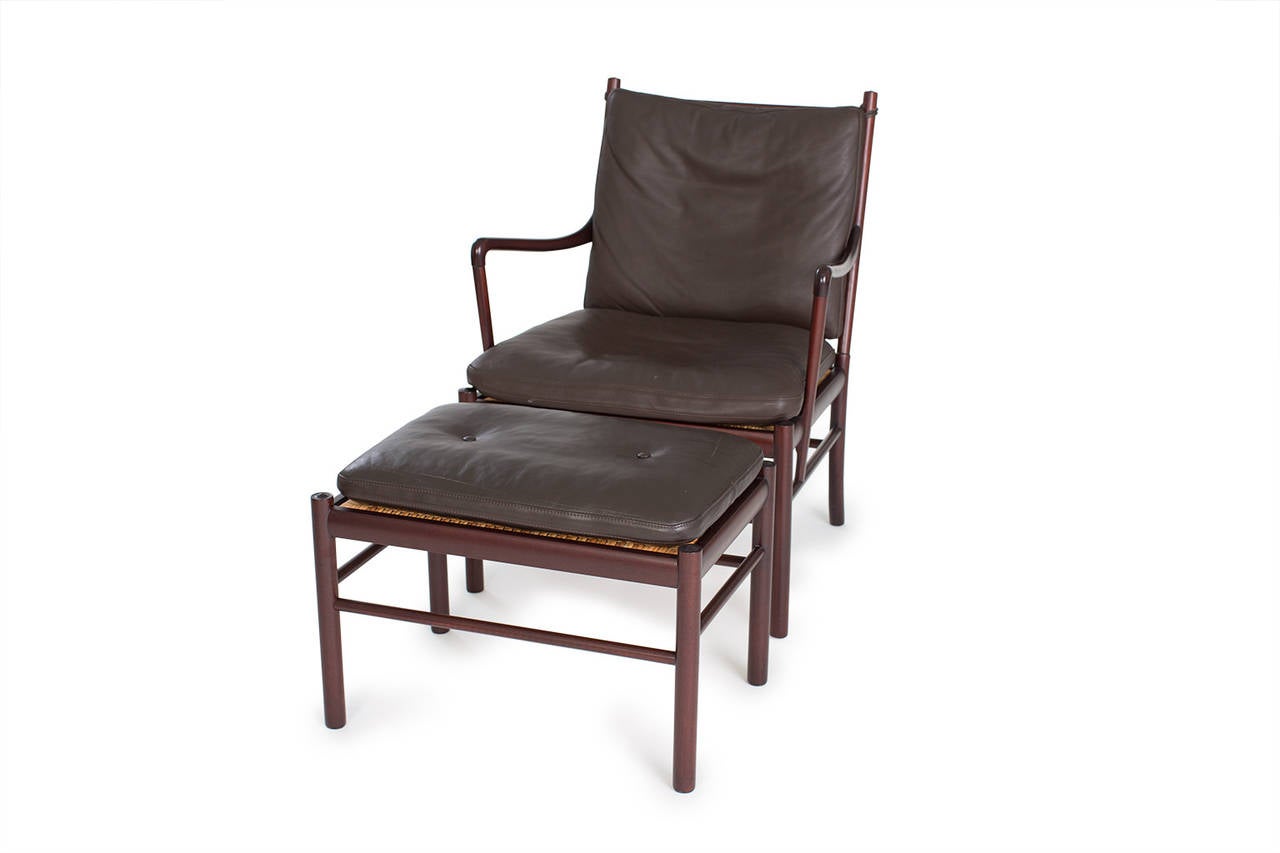 Ole Wanscher.

Colonial armchair and ottoman.

Poul Jeppesen.
Denmark, 1950s.
Leather, cane.
Dimension: 25.5 W x 27.5 D x 33.25 H inches.