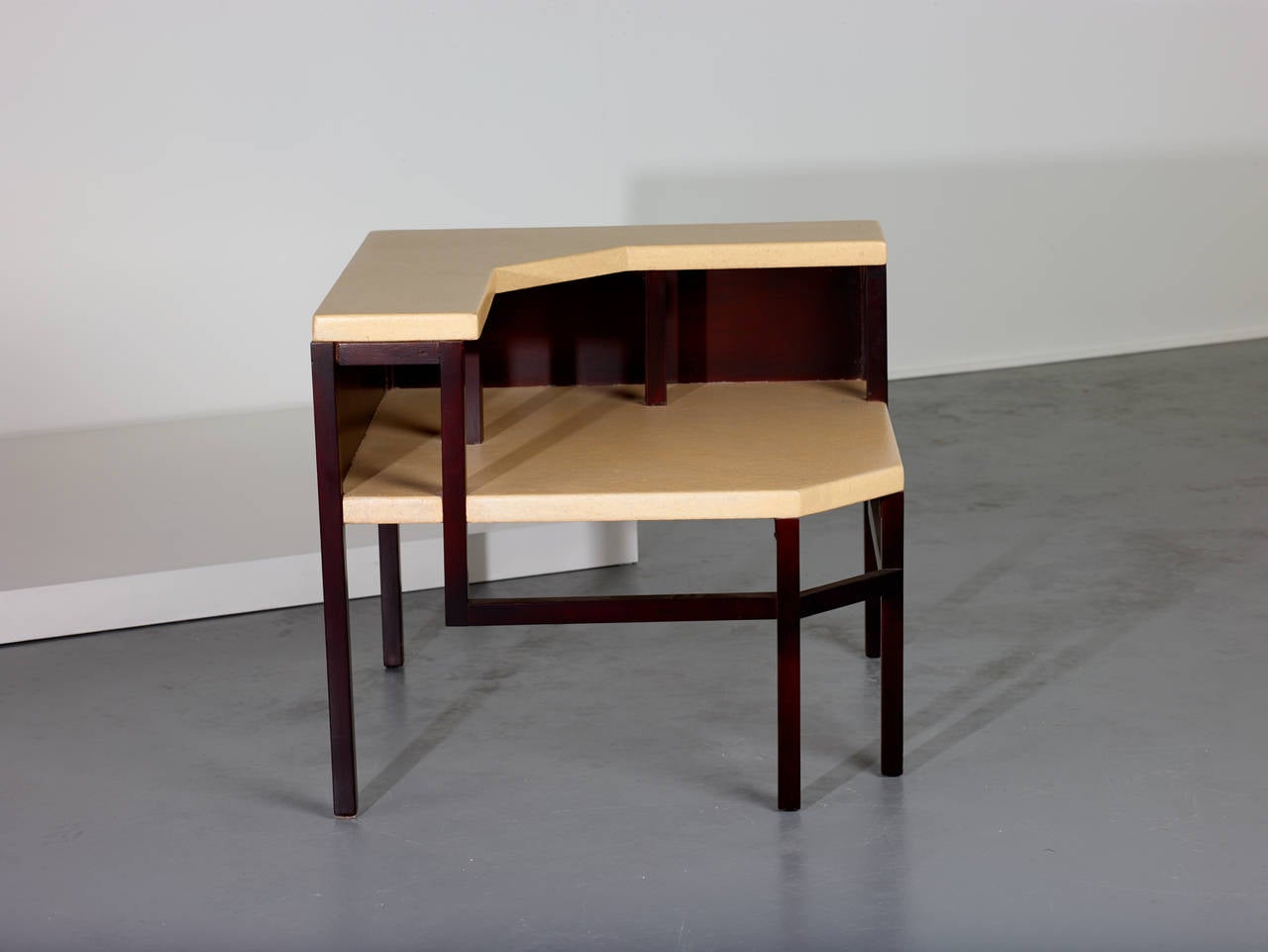American Paul Frankl Corner Tables, Lacquered Cork and Mahogany, 1951 For Sale