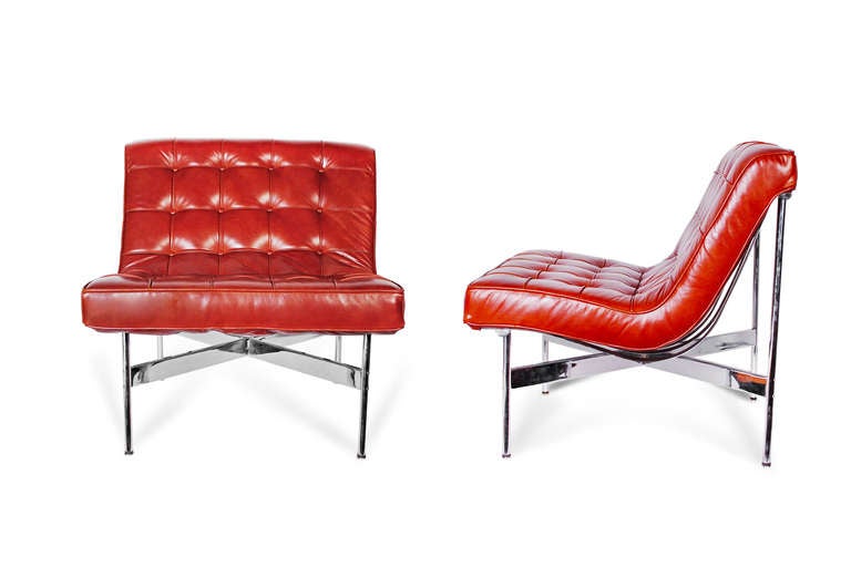 Katavolos, Littell and Kelley.

Pair of New York lounge chairs.

Laverne International
USA , 1952
chrome-plated steel, leather

32 w x 26 d x 24.5 h inches