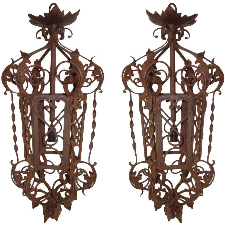 Pair of  Monumental Wrought Iron Spanish Baroque Lanterns