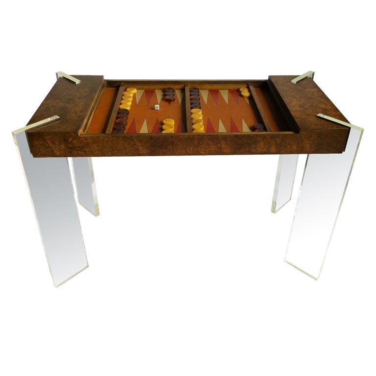 Amazing Milo Baughman Lucite and Olive Ash Burl Backgammon Table
