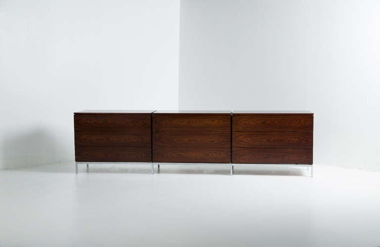 Florence Knoll

cabinet

Knoll International
USA, 1950 
rosewood, chrome-plated steel
109.5 w x 20 d x 28.5 h inches

Florence Knoll nine-drawer cabinet in rosewood.