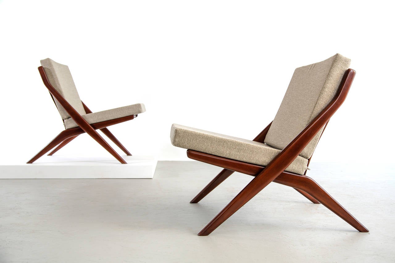 Walnut Pair of Scissor Lounge Chairs by Folke Ohlsson for Dux