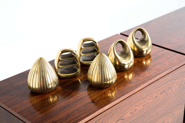 Ben Seibel, brass bookends, set of three (six total pieces) by Jenfred-Ware USA, 1950s<br />
5 w x 3 d x 5 h inches