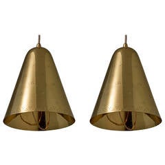 Paavo Tynell, Pair of Adjustable Pendant Lights with 11" Brass Shades, Taito Oy