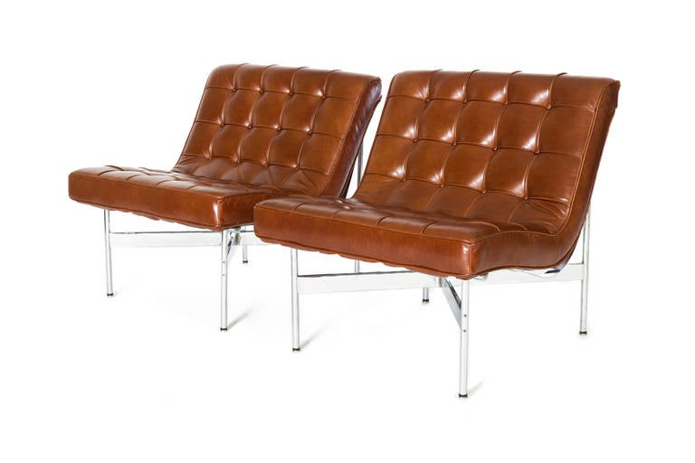 Katavolos, Littell and Kelley.

New York lounge chairs, pair.

Laverne International.
USA, 1952.
Chrome-plated steel, leather.

Measures: 32 W x 26 D x 24.5 H inches.