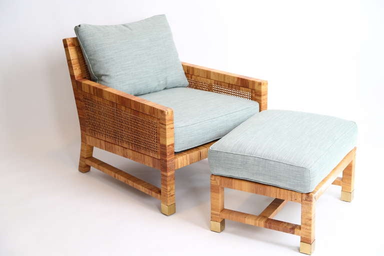 Bielecky Brothers lounge chair and ottoman  
handmade in Queens, New York “C7902” 
chair  Style of Jean Michel Frank
fabric is a cotton/poly blend, recently re-upholstered

29H  28.75W  39D  16 seat height

ottoman  25W  19D  16H