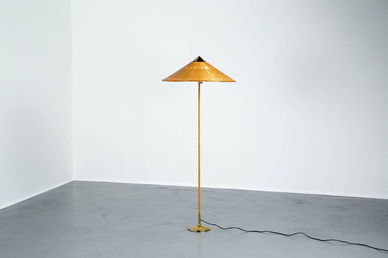Paavo Tynell.

Floor lamp.

Taito Oy.
Finland, circa 1940s.
Solid brass, metal, rattan, wicker shade.
Measures: 24 diameter x 60 H inches.

Model nr: 9602, designed and manufactured, circa 1940s. Manufactured by Taito Oy, Finland.