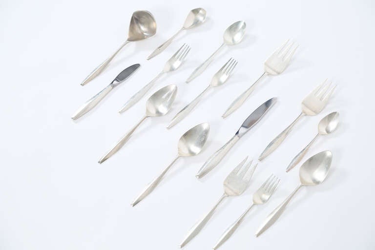 Diamond silverware

Reed & Barton
Italy/USA , 1958
sterling silver, stainless steel

Complete seventy two piece service for twelve with eight additional serving utensils: eighty pieces. Signed with impressed manufacturer's mark to each