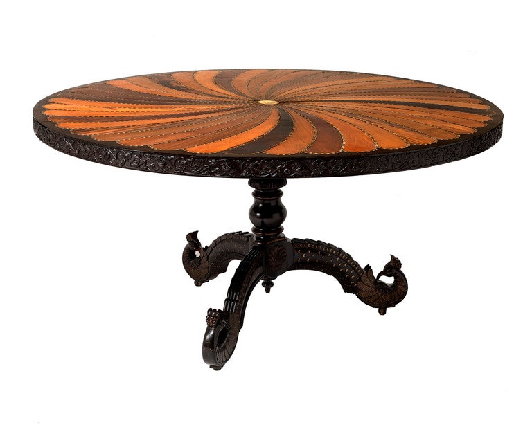 Inlay An Anglo-Indian carved and inlaid circular center table. For Sale