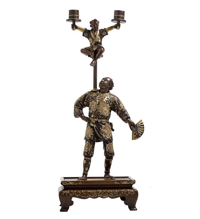 19th Century A very fine pair of Japanese multi-patinated bronze candelabra.