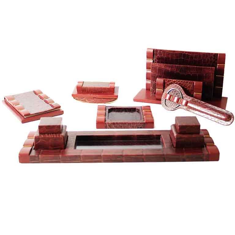 A French Art Deco Alligator Leather Desk Set For Sale