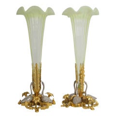 Antique A Pair Of Vaseline Glass Trumpet Vases