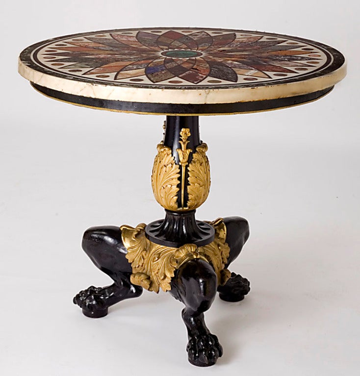 A superb ormolu and cast iron center table with specimen marble top by Giacomo Raffaelli, Rome, 1831. Retaining its original hand-written catalogue citing its commission by Lord John and Lady Augusta Kennedy-Erskine along with a diagram and itemized