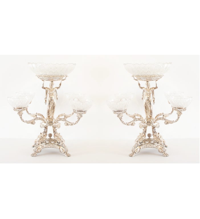 Pair of Regency Old Sheffield and crystal epergnes.