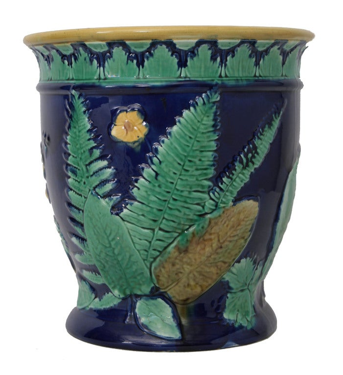 Victorian majolica garden pot, patterned with ferns on a cobalt ground; possibly by John Adams & Co.