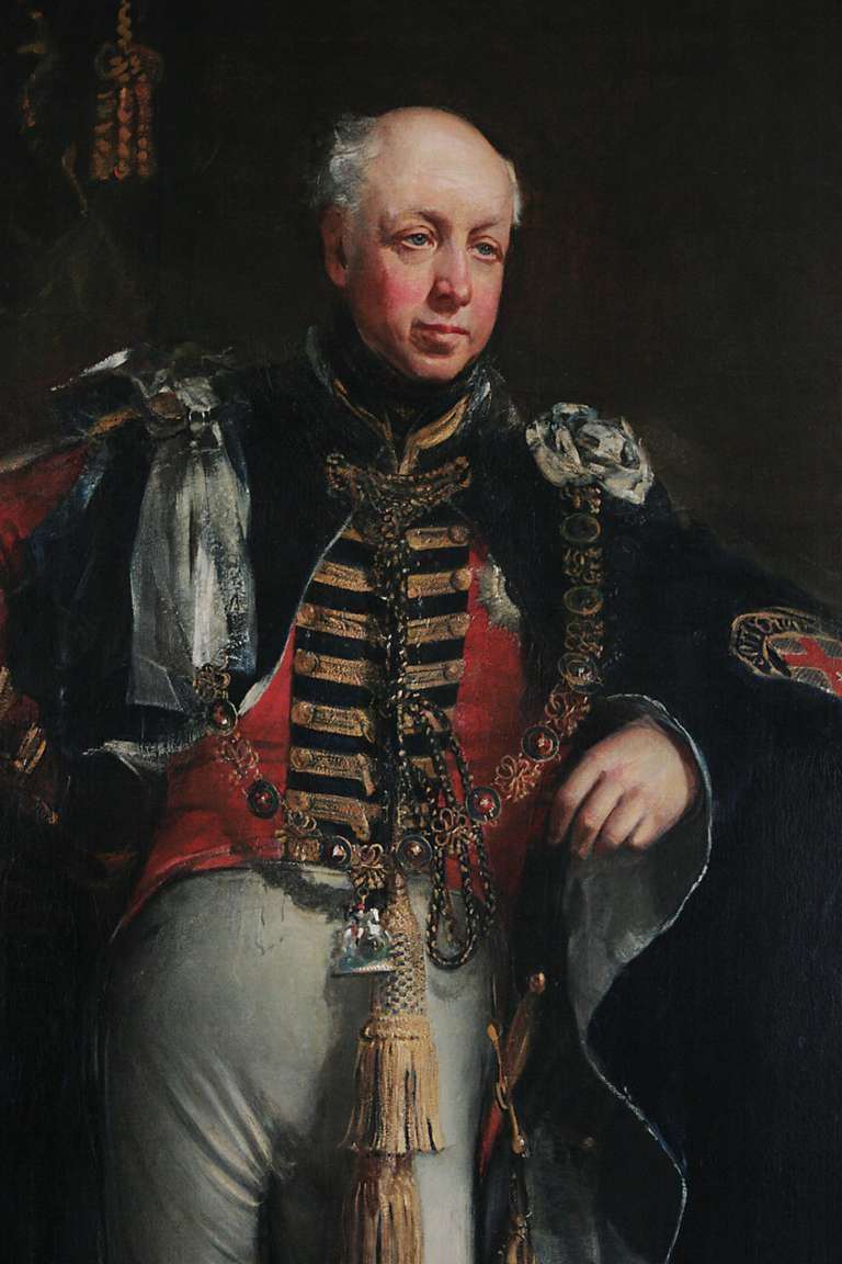 A full length portrait of a gentleman depicted in a red military waistcoat, velvet mantle and white breeches in front of a column and draped interior.  Unsigned, oil on canvas, now in a black frame.  In the style of Sir Thomas Lawrence, this
