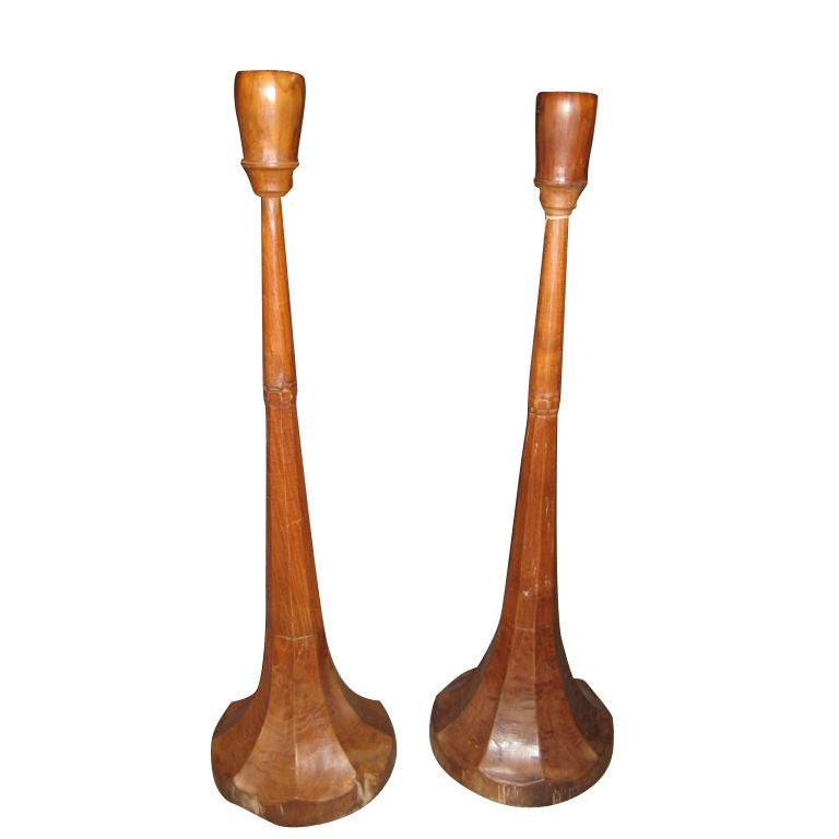 Pair of Tall Hand-Carved Candlesticks For Sale