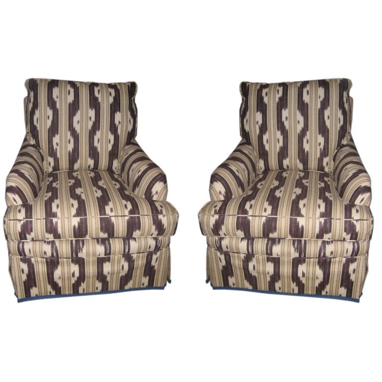 Vintage Pair of Custom Upholstered Club Chairs in Ikat