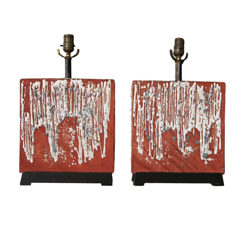 Beautiful pair of French art pottery lamps, brick red with white and grey drip detail.