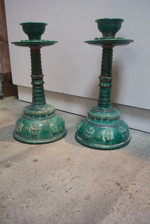Pair of Chinese Green Candlesticks
