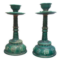 Vintage Pair of Chinese Green Candlesticks
