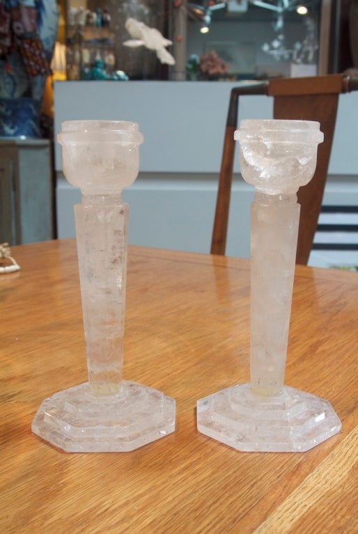 Beautiful pair of neoclassical rock crystal candlesticks.