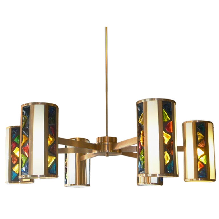 Hanging Colored Glass Brushed Brass Light Fixture