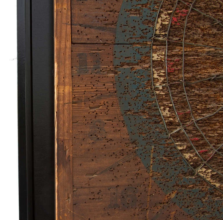 Beautifully Worn Dart Board in Contemporary Shadow Box In Distressed Condition For Sale In Sheffield, MA