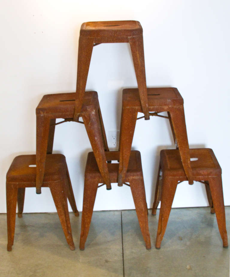 Set of Six Splay Legged Early 20th Century French Tolix Stools In Good Condition For Sale In Sheffield, MA