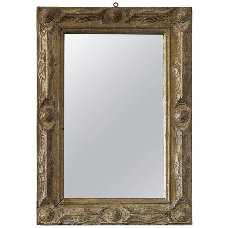 Beveled Tramp Art Mirror with Rosettes For Sale