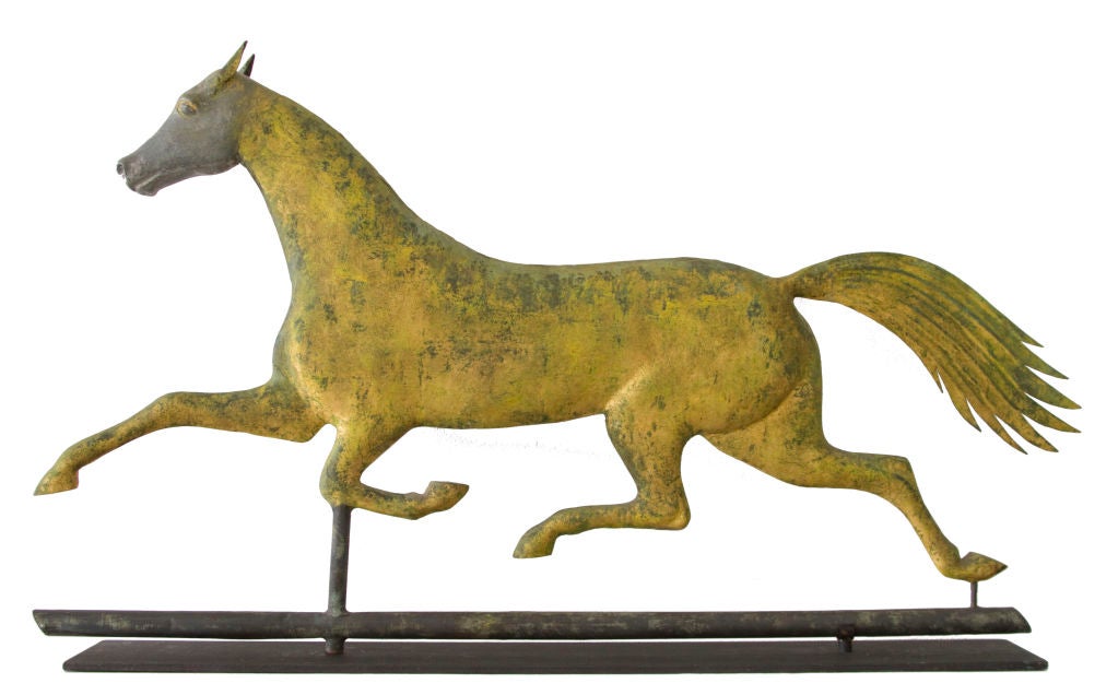 Superb early Jewell running horse in original, untouched condition.  Fluid, dynamic movement.  Surface exhibits a range of mustard sizing, verdigris and vestiges of original gilding -- appropriate for a weathervane of this age.