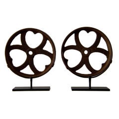 Antique Pair of Diminutive Industrial Iron Wheels with Heart Motif