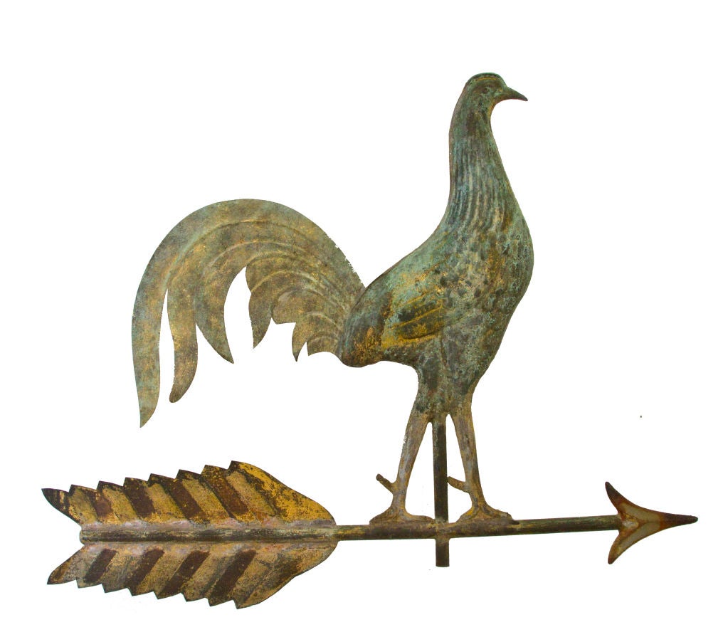 Gamecock period weathervane.   Beautifully proportioned with stalwart stance.  Stylized and distinctive sheet copper tail.