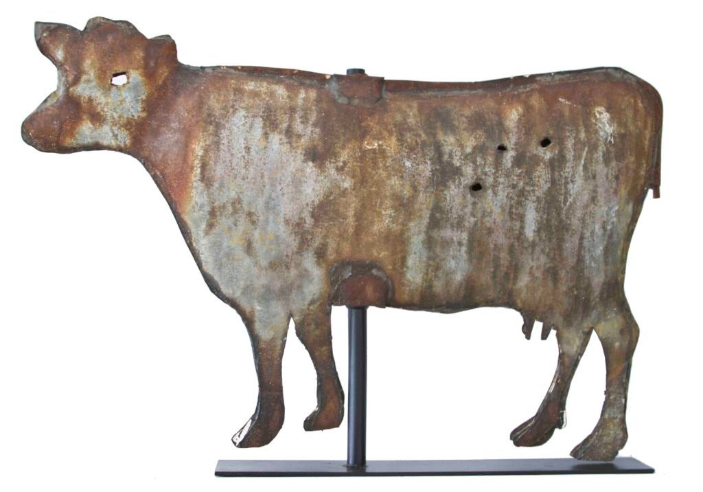 An individual effort, probably made by a local tin smith, but clearly someone who understood bovines.  Extraordinary weathered surface showing pastiche of rust and various paints.  Great cow presence and monumental size.