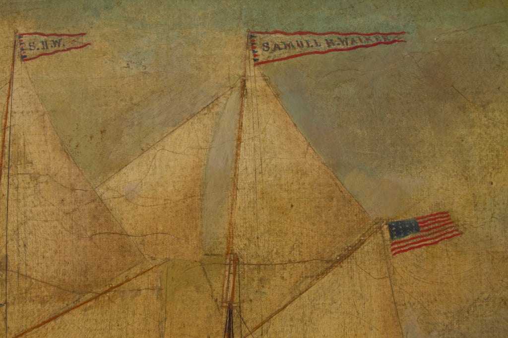 This portrait of the three masted coastal schooner, Samuel H. Walker, has a very folky feel with the distant lighthouse and small figures on deck.  The sails are full blown and convey a strong sense of grace and movement.  The artist was William