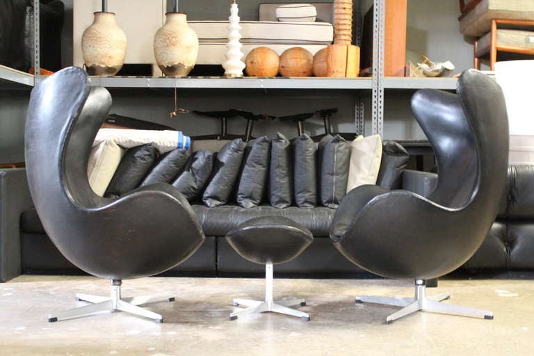 Danish Pair of Leather Egg Chairs and Ottoman by Arne Jacobsen