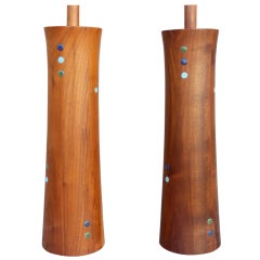 Pair Of Walnut Lamps With Enameled Buttons By Martz
