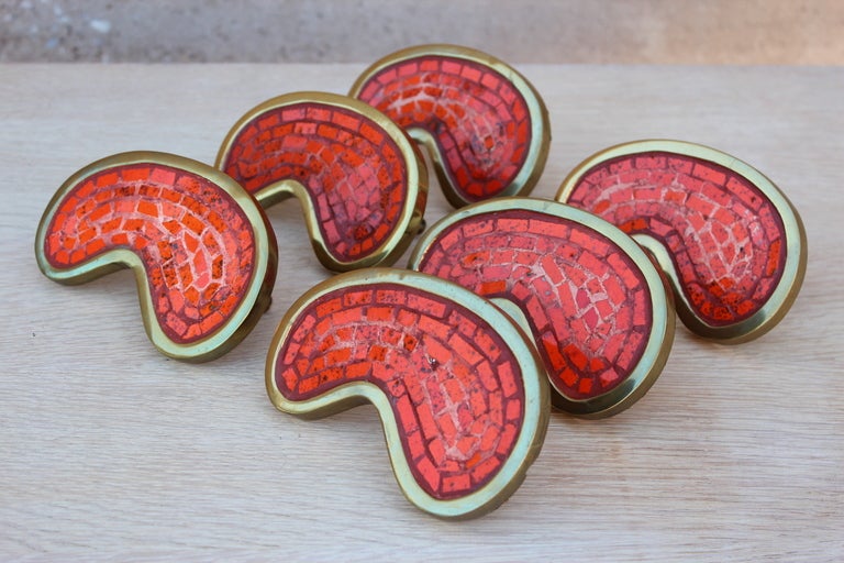 Set of Six Large Brass and Tile Door Pulls